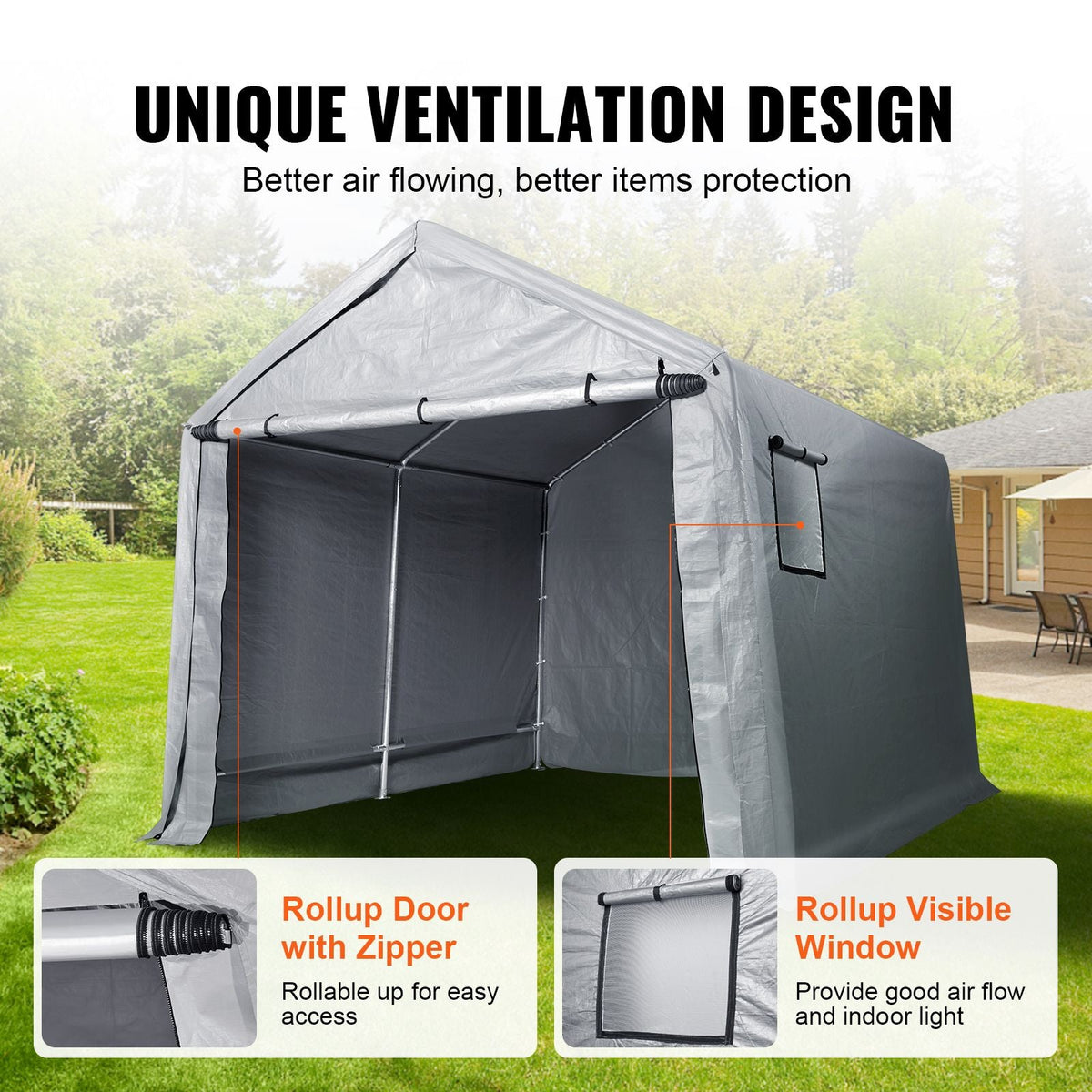 Compact Outdoor Shelter, 7x12x7.36 ft Durable Season-Long Storage Canopy, Instant Setup Tent with Rolling Zip Door & Breathable Windows for Motorcycles, Bicycles, & Yard Equipment
