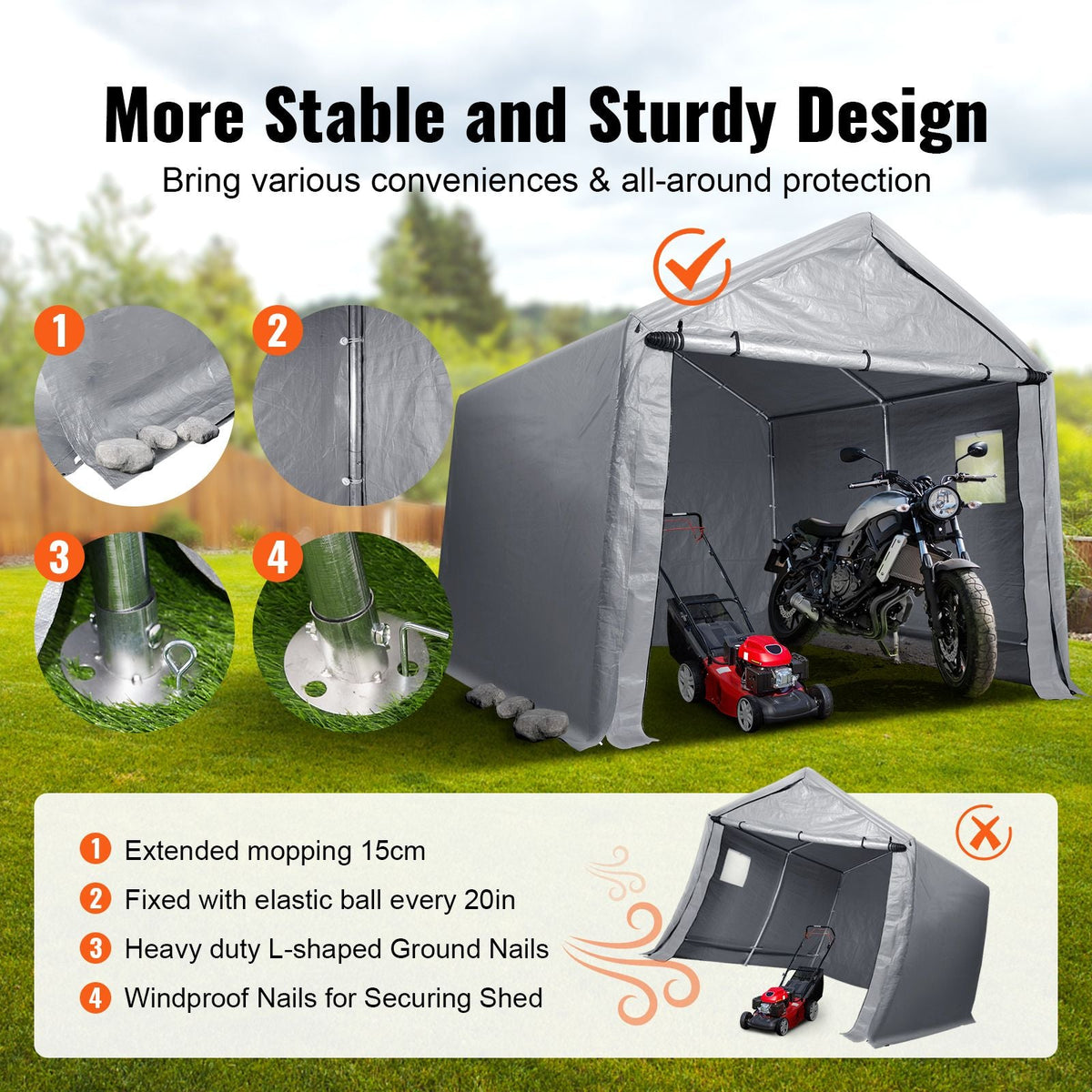 Compact Outdoor Shelter, 7x12x7.36 ft Durable Season-Long Storage Canopy, Instant Setup Tent with Rolling Zip Door & Breathable Windows for Motorcycles, Bicycles, & Yard Equipment