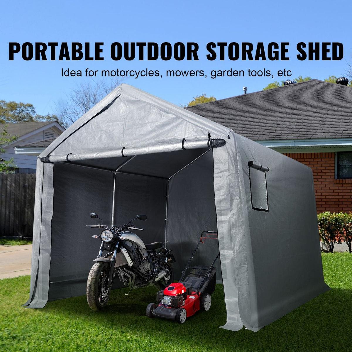 Compact Outdoor Shelter, 7x12x7.36 ft Durable Season-Long Storage Canopy, Instant Setup Tent with Rolling Zip Door & Breathable Windows for Motorcycles, Bicycles, & Yard Equipment