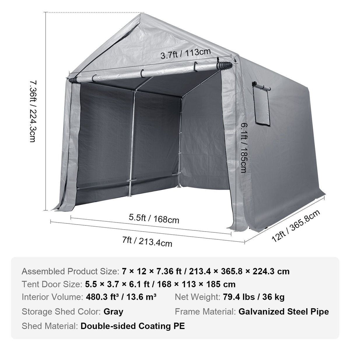Compact Outdoor Shelter, 7x12x7.36 ft Durable Season-Long Storage Canopy, Instant Setup Tent with Rolling Zip Door & Breathable Windows for Motorcycles, Bicycles, & Yard Equipment
