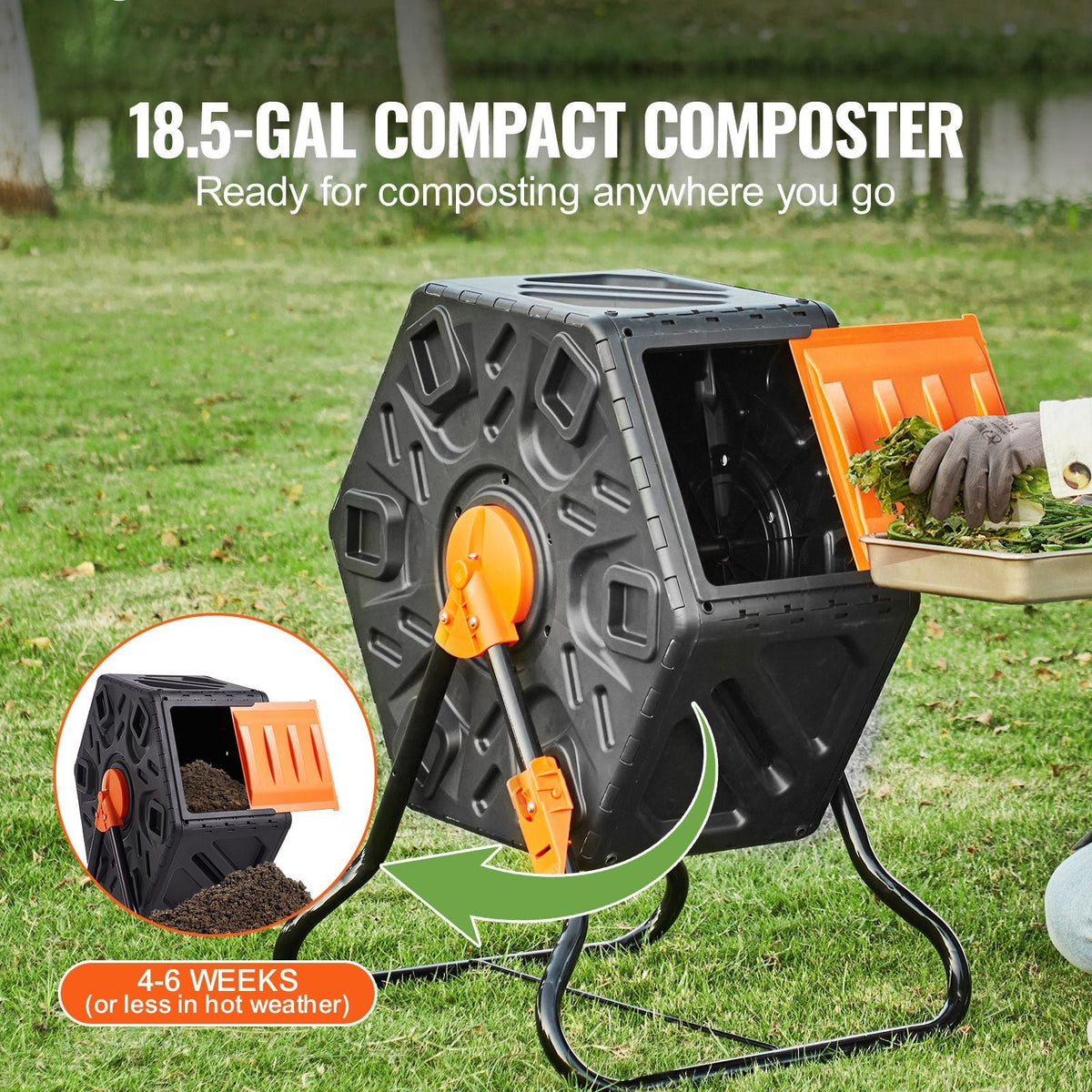 Compost Bin, 18.5-Gal Composting Tumbler, Compact Single Rotating Chamber with Sliding Door and Steel Frame, BPA Free Small Composter Bin Tumbler for Garden, Kitchen, Yard, Outdoor