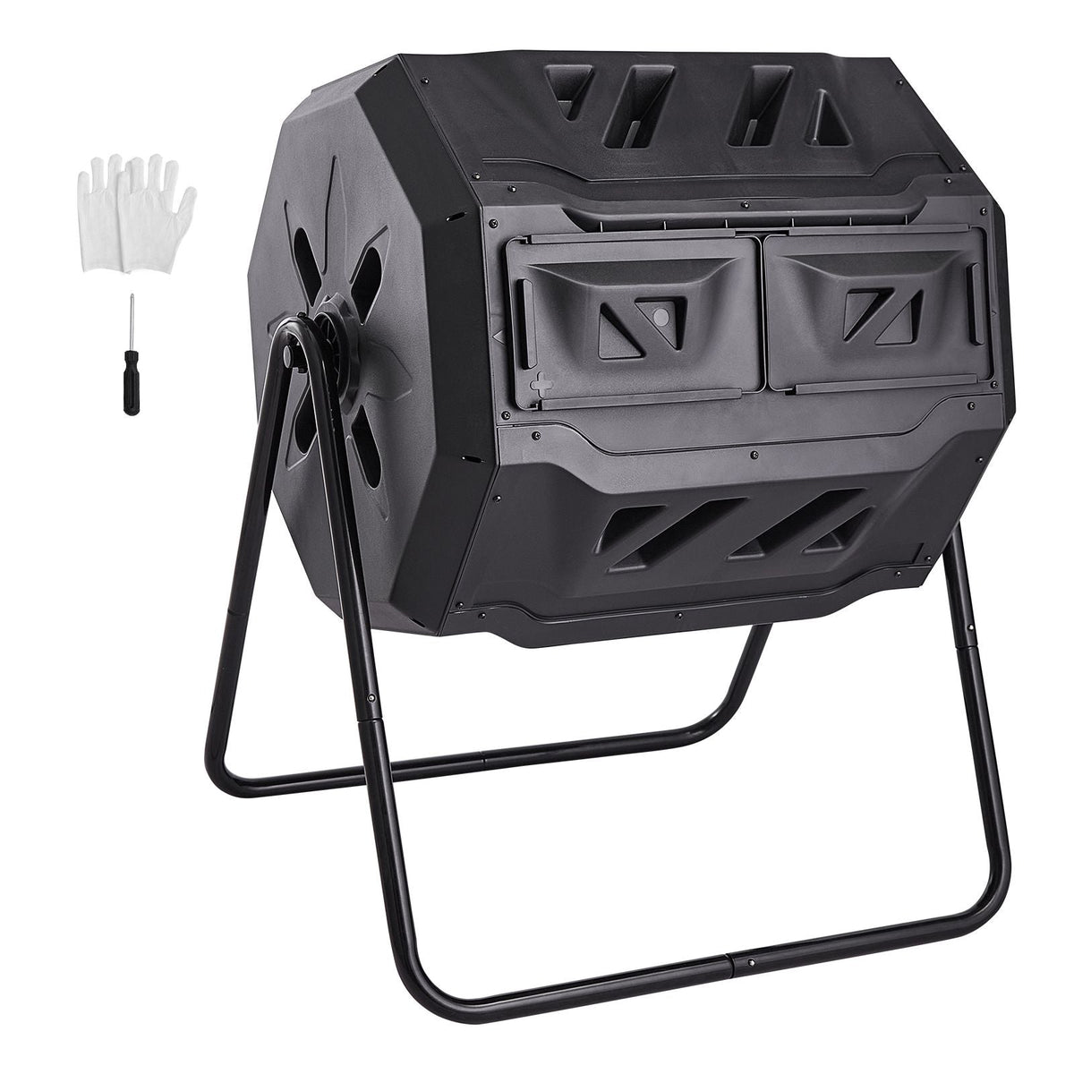 Compost Bin, 43-Gal Dual Chamber Composting Tumbler, Large Tumbling Rotating Composter with 2 Sliding Doors and Steel Frame, BPA Free Composter Bin Tumbler for Garden, Kitchen, Yard, Outdoor