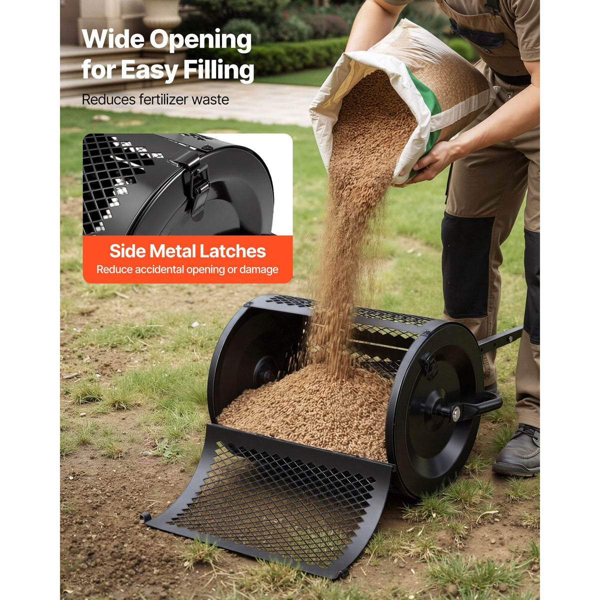 Compost Spreader, 16.5" Wide Peat Moss Spreader with T Shaped Handle, 3 Heights Adjustable, Powder-Coated Steel Garden Peat Moss Roller, Heavy Duty Grass Seed Roller for Planting Seeding, Black