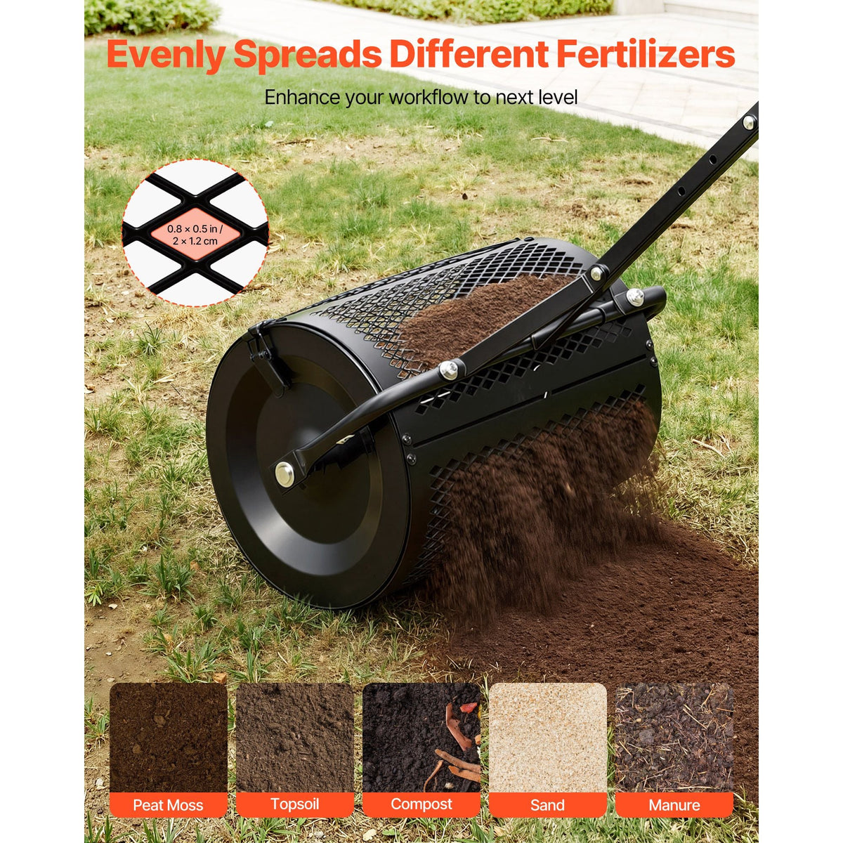 Compost Spreader, 16.5" Wide Peat Moss Spreader with T Shaped Handle, 3 Heights Adjustable, Powder-Coated Steel Garden Peat Moss Roller, Heavy Duty Grass Seed Roller for Planting Seeding, Black