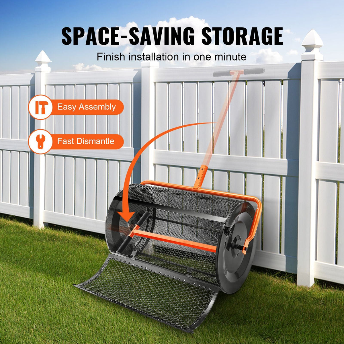 Compost Spreader, 24.4-25.6" Height Adjustable Handle, 24" Wide, Lawn and Garden Peat Moss Roller with Side Latches, Powder Coated Steel Mesh Basket for Spreading Manure, Topsoil, Black