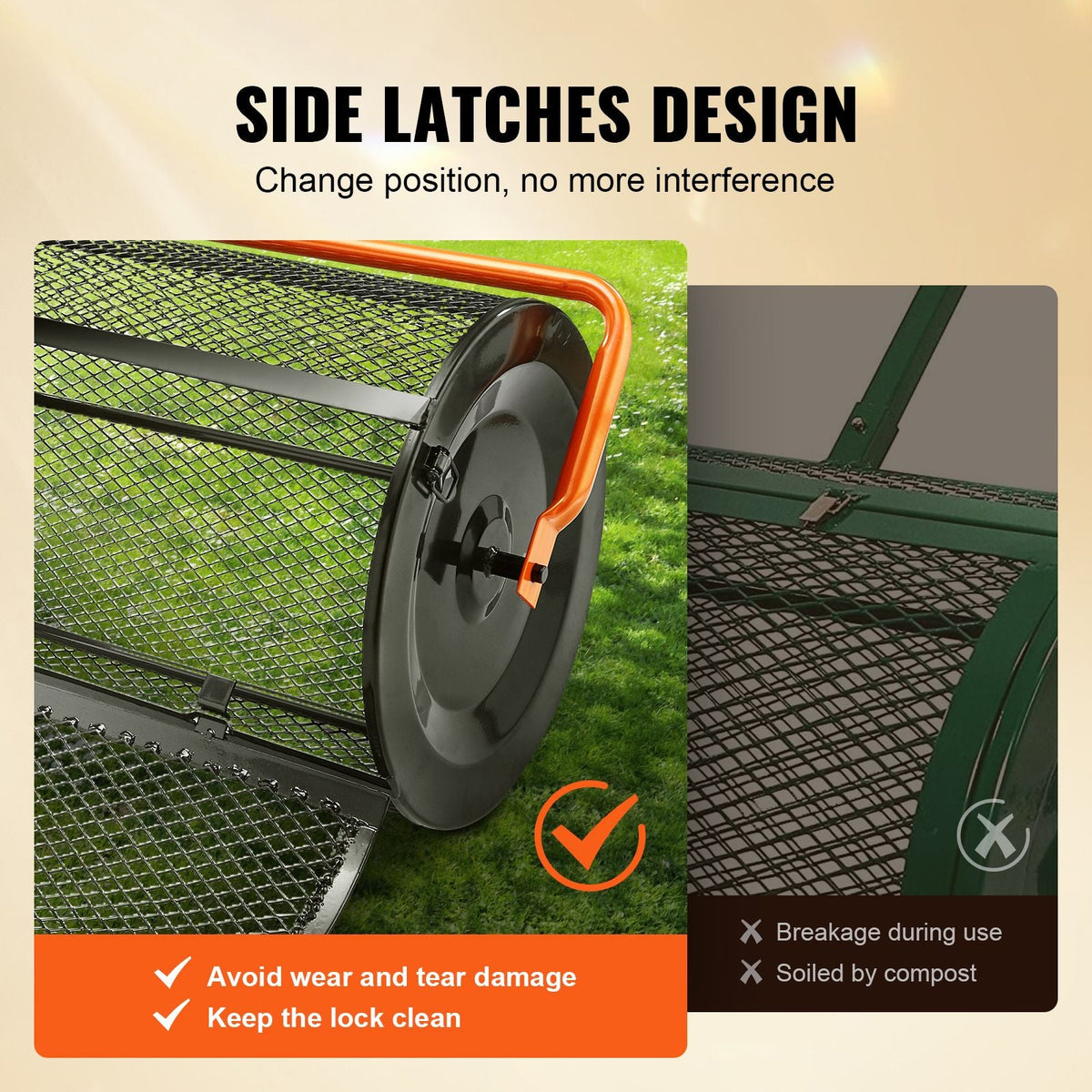 Compost Spreader, 24.4-25.6" Height Adjustable Handle, 24" Wide, Lawn and Garden Peat Moss Roller with Side Latches, Powder Coated Steel Mesh Basket for Spreading Manure, Topsoil, Black