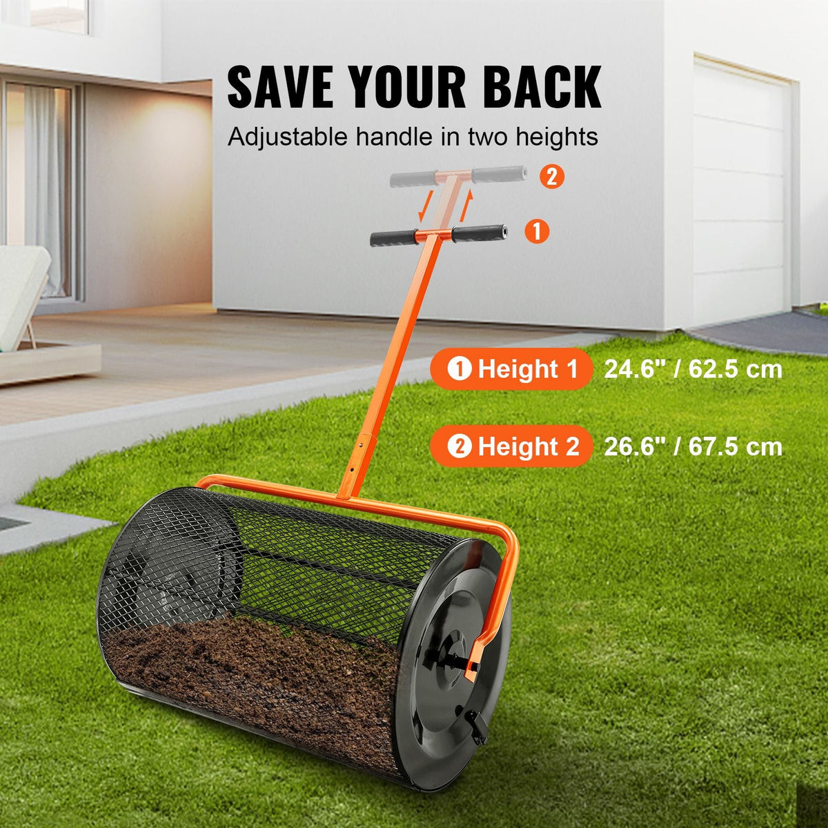 Compost Spreader, 24.4-25.6" Height Adjustable Handle, 24" Wide, Lawn and Garden Peat Moss Roller with Side Latches, Powder Coated Steel Mesh Basket for Spreading Manure, Topsoil, Black