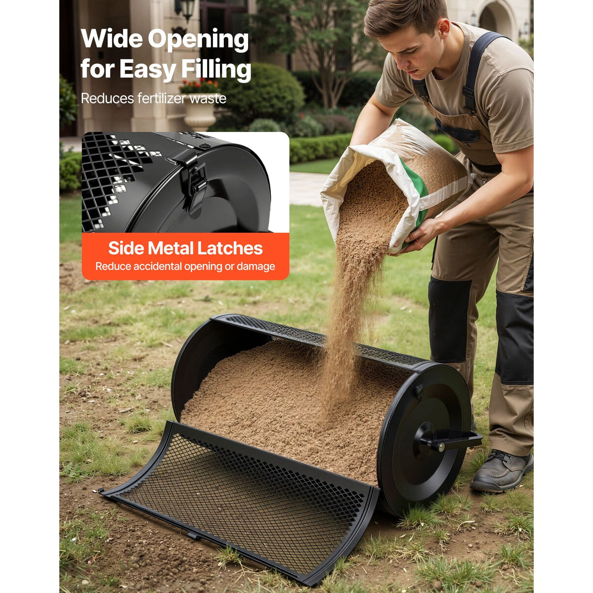 Compost Spreader, 36" Wide Peat Moss Spreader with Push/Tow Handle, 4 Heights Adjustable, Powder-Coated Steel Garden Peat Moss Roller, Heavy Duty Grass Seed Roller for Planting Seeding, Black