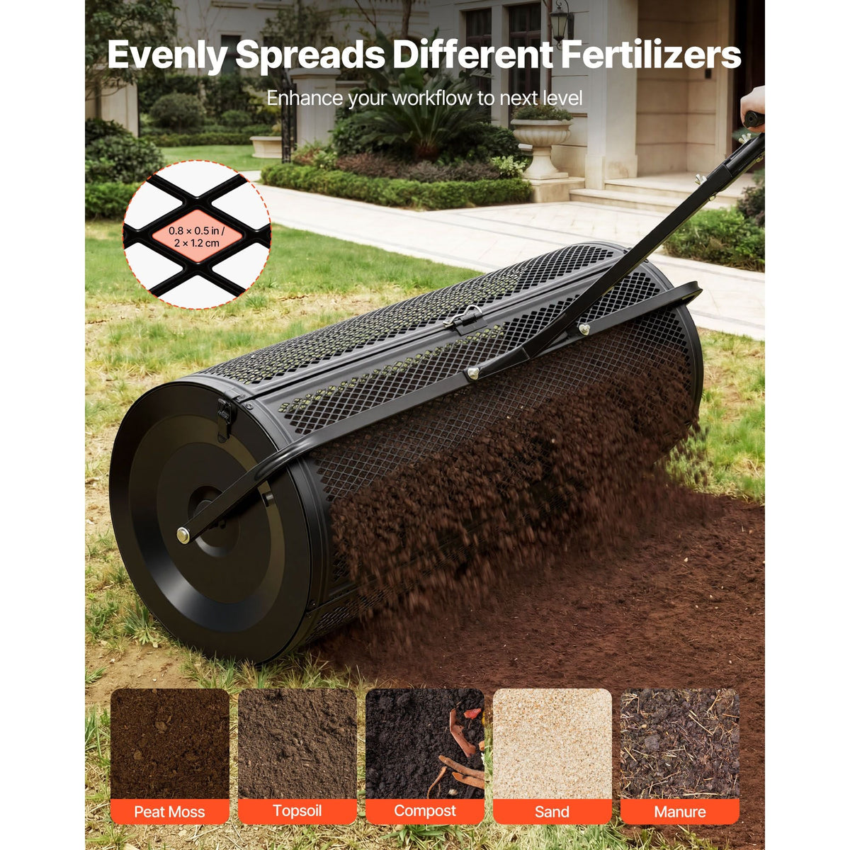 Compost Spreader, 44" Wide Peat Moss Spreader with Push/Tow Handle, 4 Heights Adjustable, Powder-Coated Steel Garden Peat Moss Roller, Heavy Duty Grass Seed Roller for Planting Seeding, Black