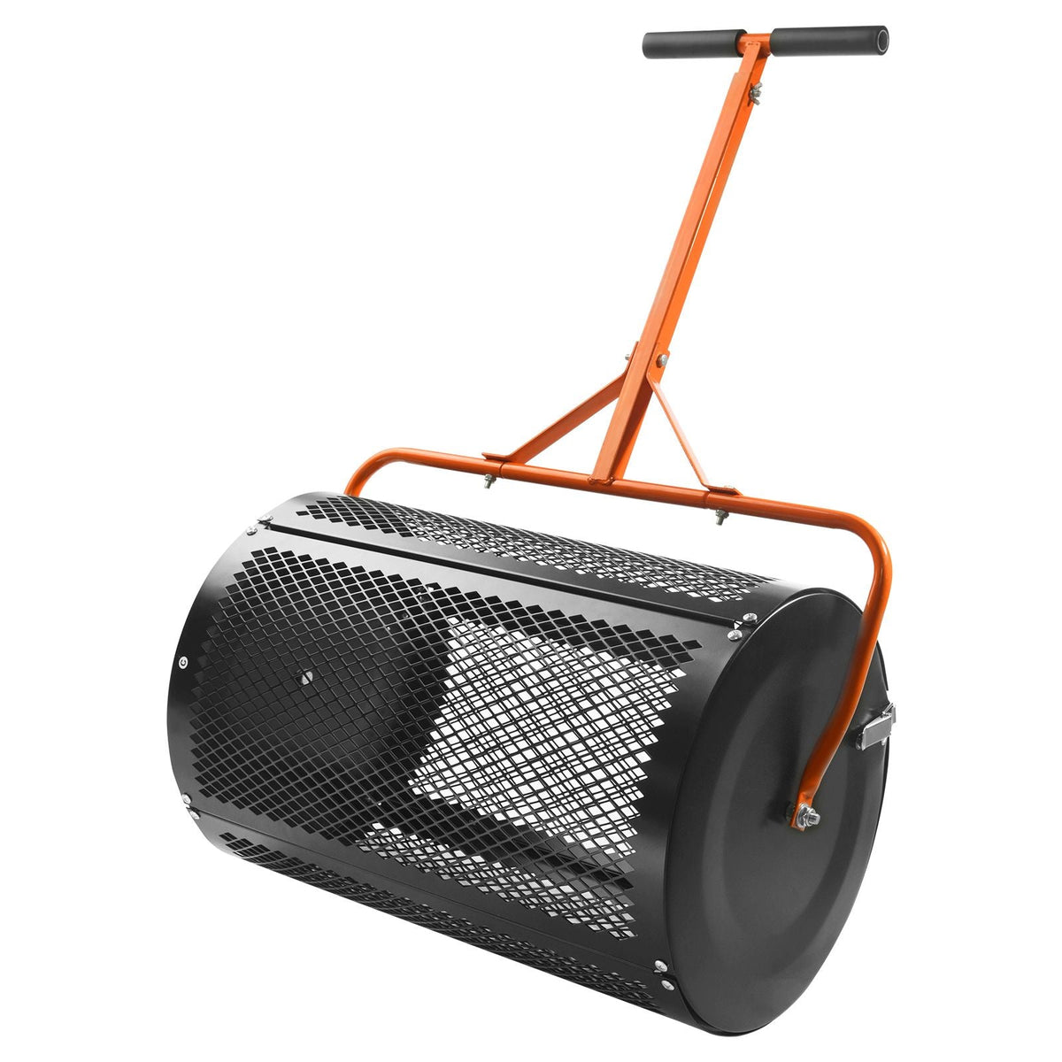 Compost Spreader and Peat Moss Spreader, 24" Roller Lawn Spreader with Height Adjustable T Shaped Handle, Steel Mesh Basket Garden Spreader with Side Latches, for Spreading Manure Topsoil, Black