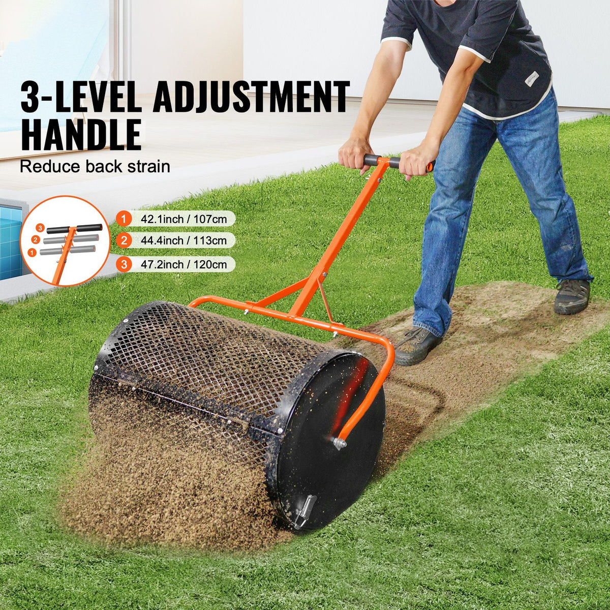 Compost Spreader and Peat Moss Spreader, 24" Roller Lawn Spreader with Height Adjustable T Shaped Handle, Steel Mesh Basket Garden Spreader with Side Latches, for Spreading Manure Topsoil, Black