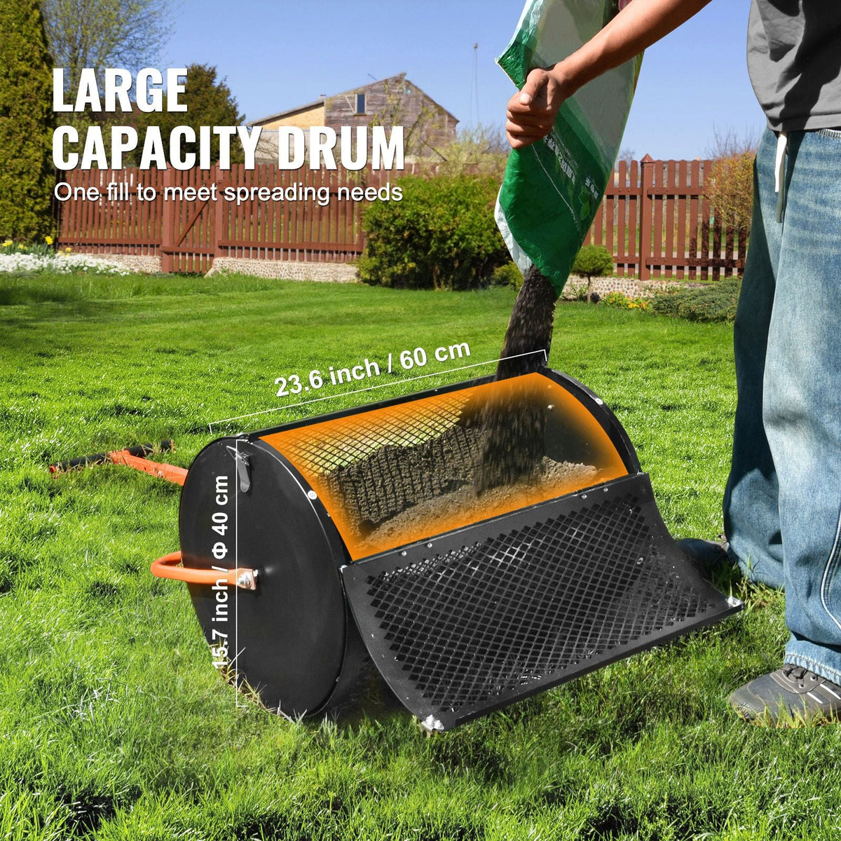 Compost Spreader and Peat Moss Spreader, 24" Roller Lawn Spreader with Height Adjustable T Shaped Handle, Steel Mesh Basket Garden Spreader with Side Latches, for Spreading Manure Topsoil, Black