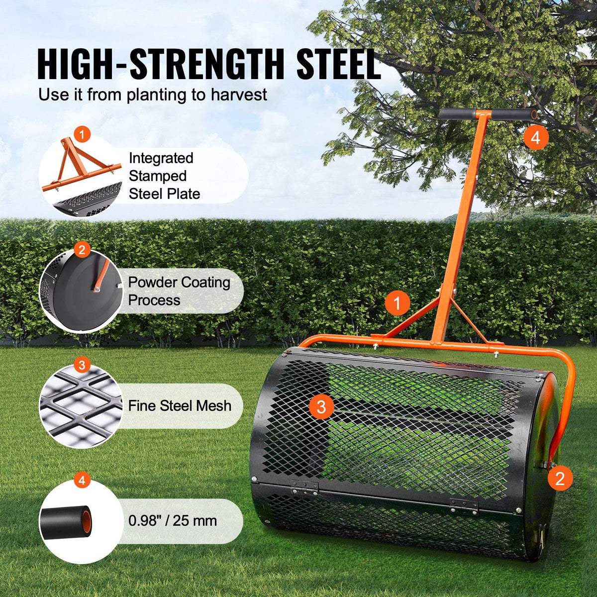 Compost Spreader and Peat Moss Spreader, 24" Roller Lawn Spreader with Height Adjustable T Shaped Handle, Steel Mesh Basket Garden Spreader with Side Latches, for Spreading Manure Topsoil, Black