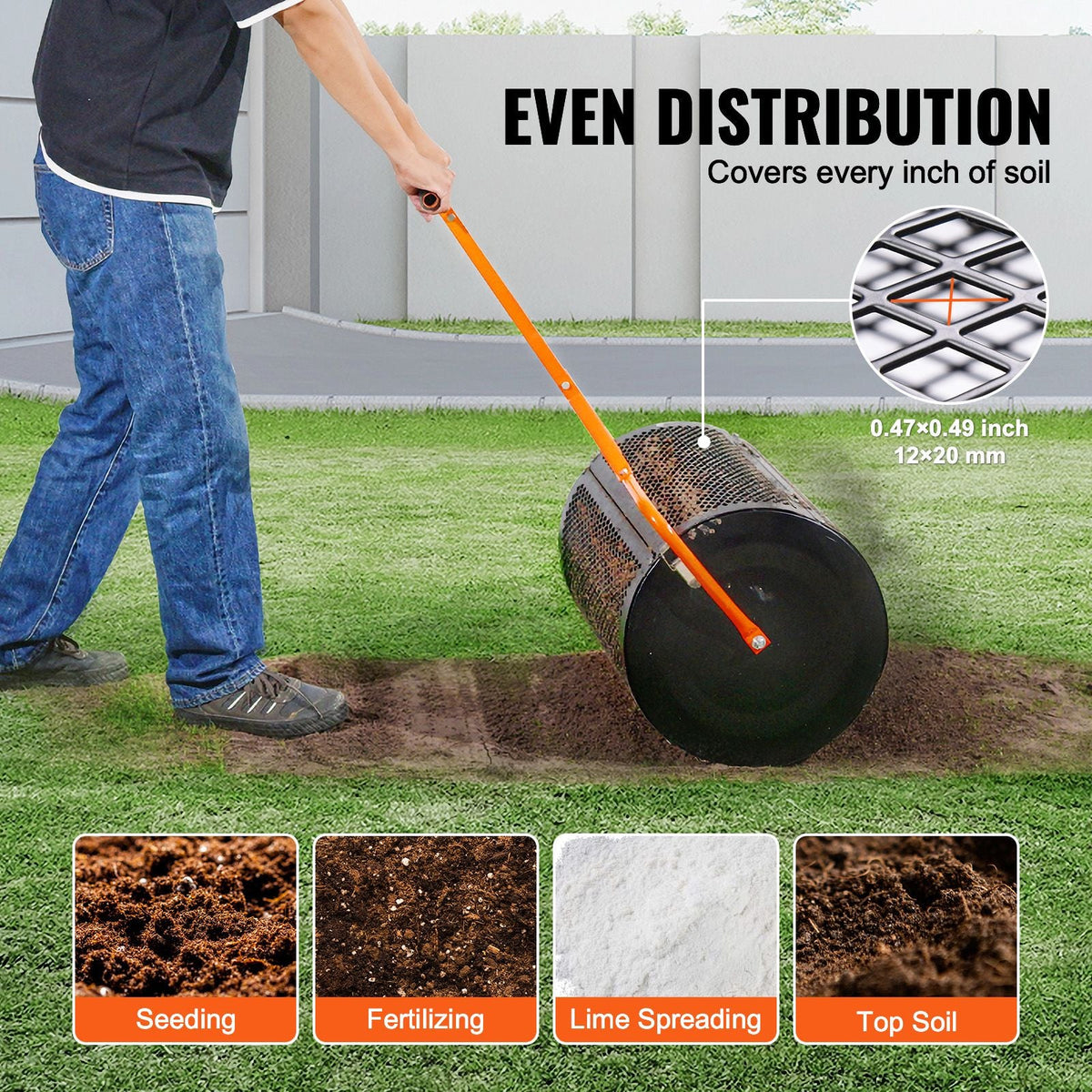 Compost Spreader and Peat Moss Spreader, 24" Roller Lawn Spreader with Height Adjustable T Shaped Handle, Steel Mesh Basket Garden Spreader with Side Latches, for Spreading Manure Topsoil, Black