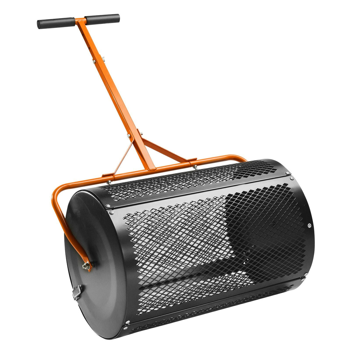 Compost Spreader and Peat Moss Spreader, 24" Roller Lawn Spreader with Height Adjustable T Shaped Handle, Steel Mesh Basket Garden Spreader with Side Latches, for Spreading Manure Topsoil, Black