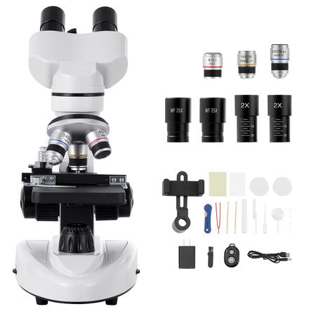 Compound Binocular Microscope, 40-2000X Magnification, Professional Compound Microscope for Adult with Phone Adapter, LED Light, Aluminum Alloy Body, for Lab, School, Home, Education