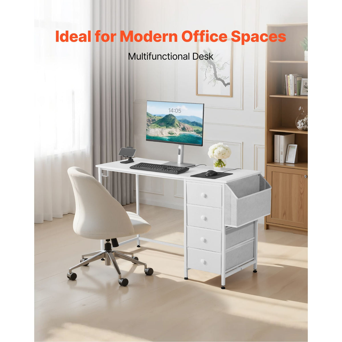 Computer Desk with Fabric Drawers, 47 Inch Reversible Study Work Writing Desk for Modern Home Office Bedroom, Simple Modern Cute PC Table Metal Frame Business Furniture, White