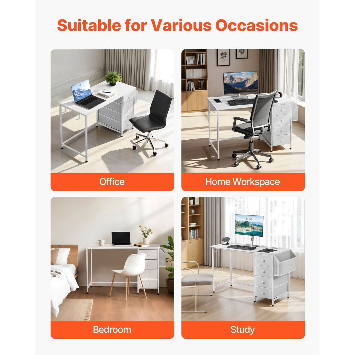 Computer Desk with Fabric Drawers, 47 Inch Reversible Study Work Writing Desk for Modern Home Office Bedroom, Simple Modern Cute PC Table Metal Frame Business Furniture, White