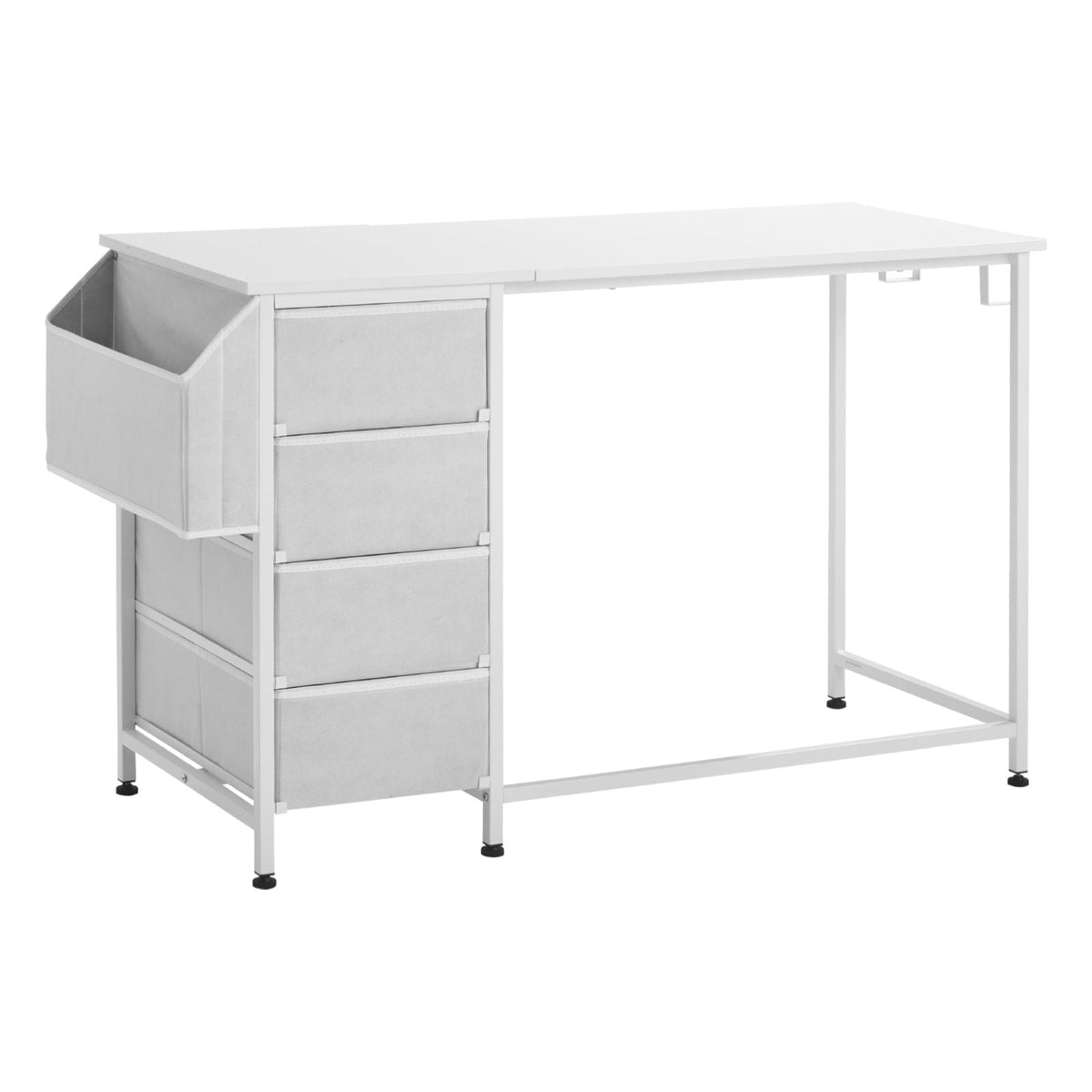 Computer Desk with Fabric Drawers, 47 Inch Reversible Study Work Writing Desk for Modern Home Office Bedroom, Simple Modern Cute PC Table Metal Frame Business Furniture, White