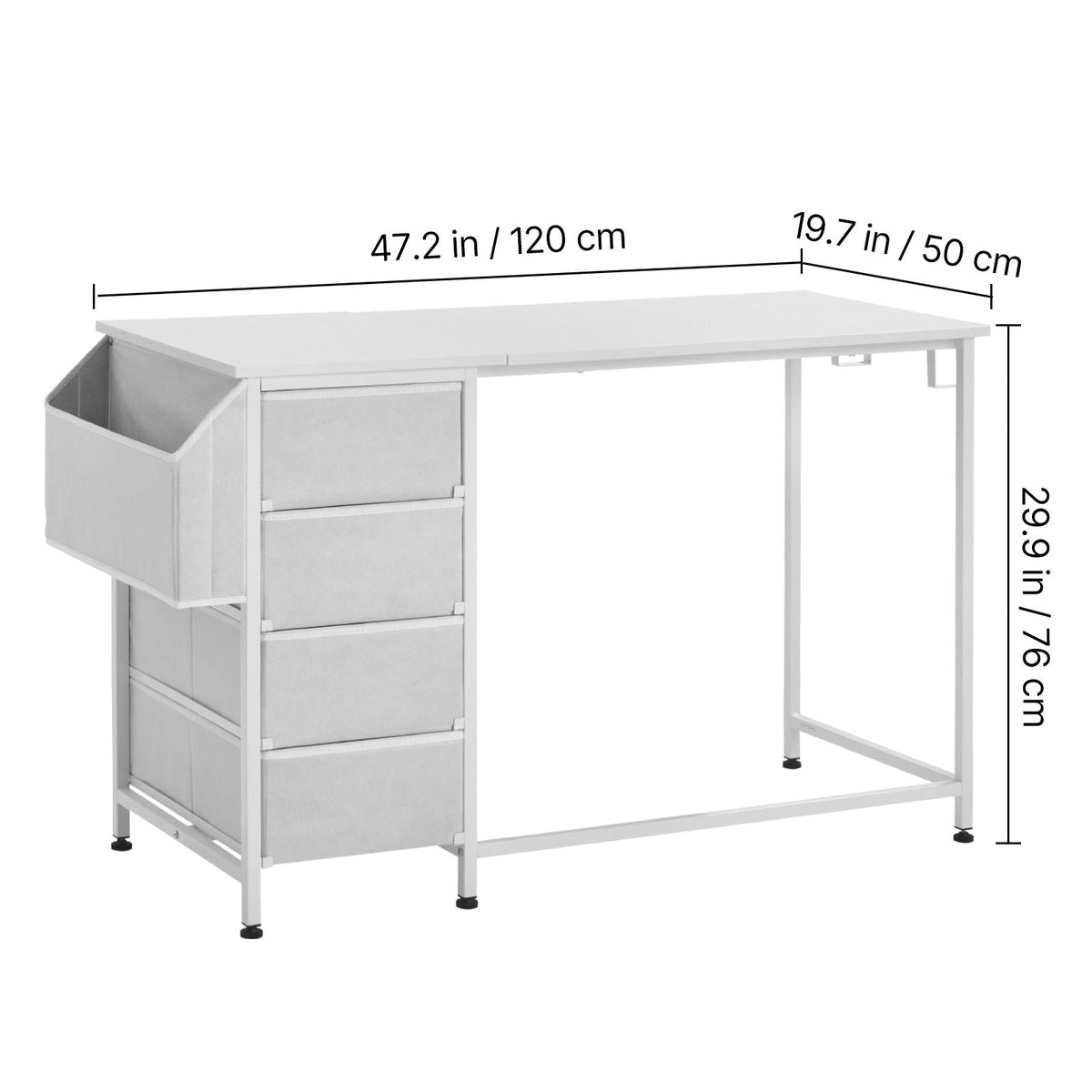 Computer Desk with Fabric Drawers, 47 Inch Reversible Study Work Writing Desk for Modern Home Office Bedroom, Simple Modern Cute PC Table Metal Frame Business Furniture, White