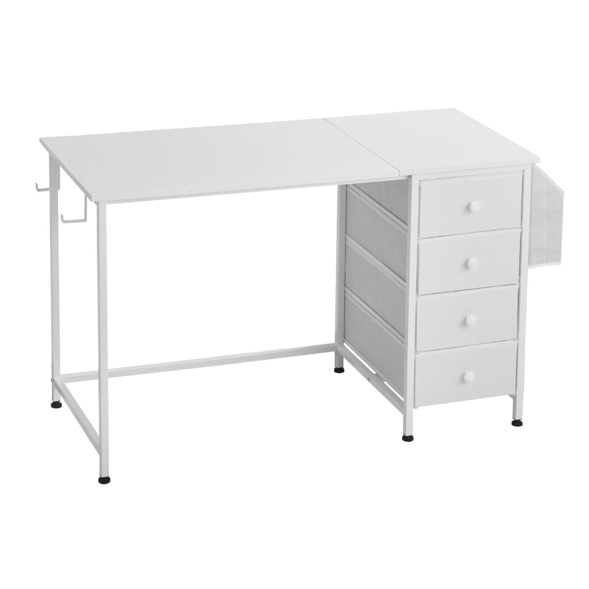 Computer Desk with Fabric Drawers, 47 Inch Reversible Study Work Writing Desk for Modern Home Office Bedroom, Simple Modern Cute PC Table Metal Frame Business Furniture, White