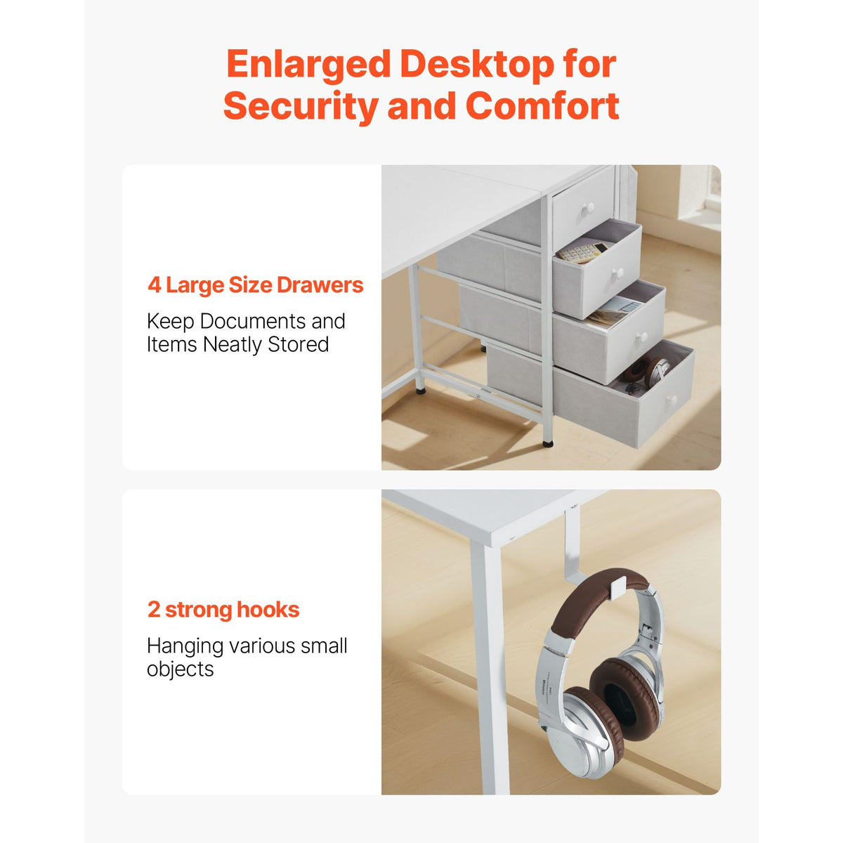 Computer Desk with Fabric Drawers, 47 Inch Reversible Study Work Writing Desk for Modern Home Office Bedroom, Simple Modern Cute PC Table Metal Frame Business Furniture, White