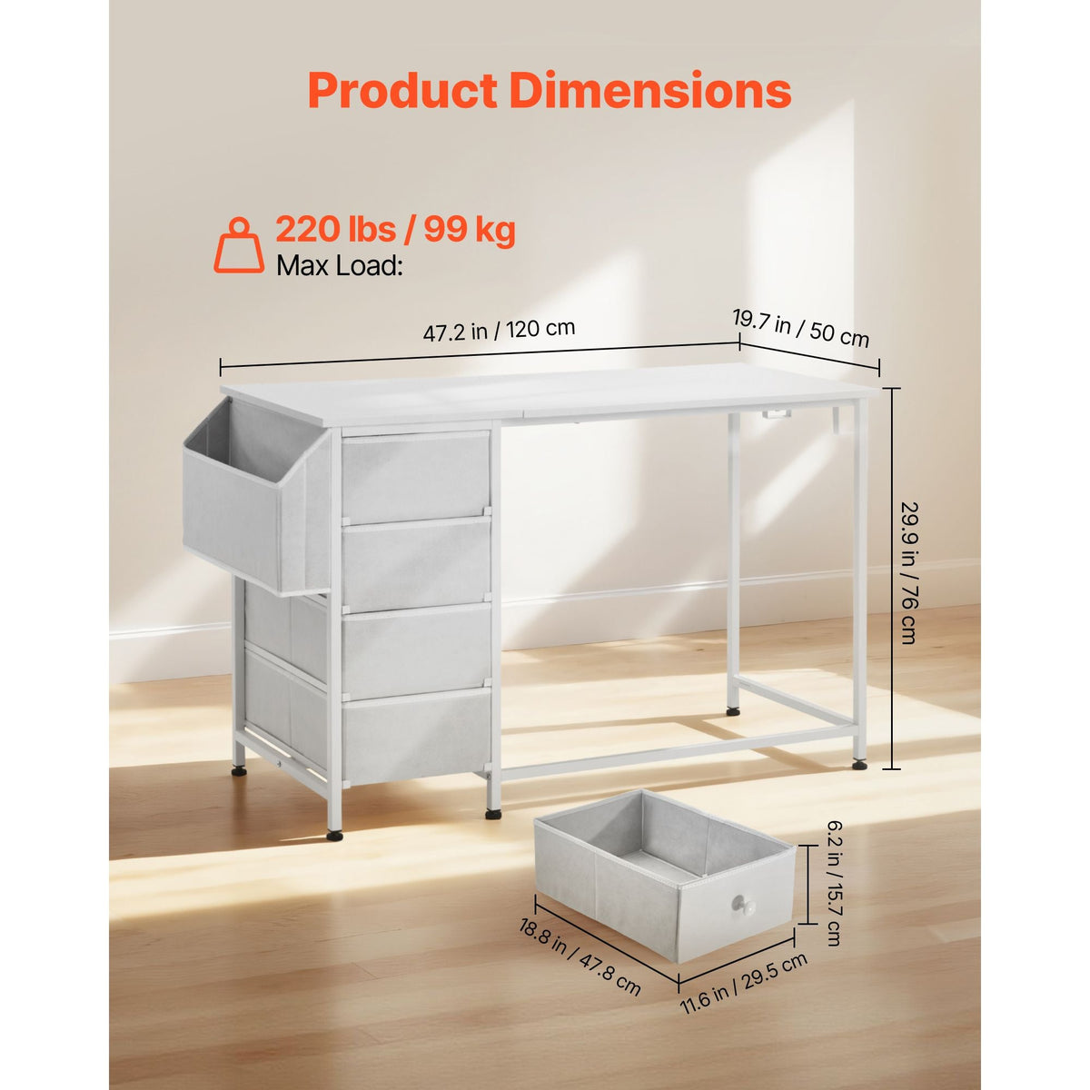 Computer Desk with Fabric Drawers, 47 Inch Reversible Study Work Writing Desk for Modern Home Office Bedroom, Simple Modern Cute PC Table Metal Frame Business Furniture, White