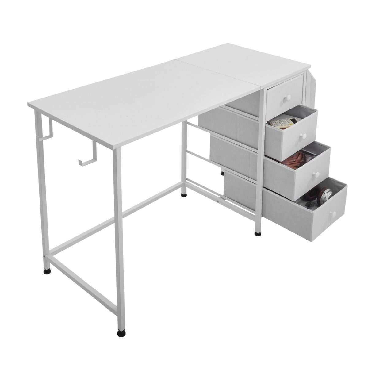 Computer Desk with Fabric Drawers, 47 Inch Reversible Study Work Writing Desk for Modern Home Office Bedroom, Simple Modern Cute PC Table Metal Frame Business Furniture, White