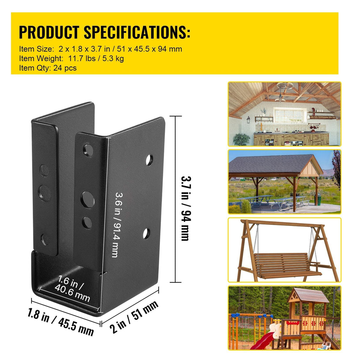 Concealed Joist Hanger, 2"x4" Outdoor Accent Concealed-Flange, Pack of 24 Concealed Joist Bracket, Q235 Steel Plate Powder-Coated Concealed Face Mount Joist Hanger Inner 40x91 mm for Beam Swing