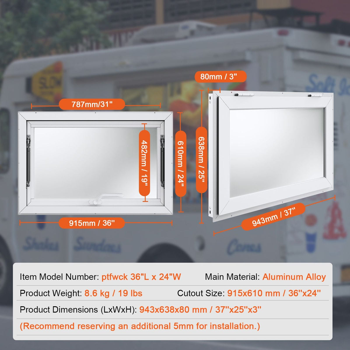 Concession Window 36"x24", Aluminum Alloy Food Truck Service Window with Awning Door & Drag Hook, Up to 85 Degrees Stand Serving Window for Food Trucks Concession Trailers, Glass Not Included