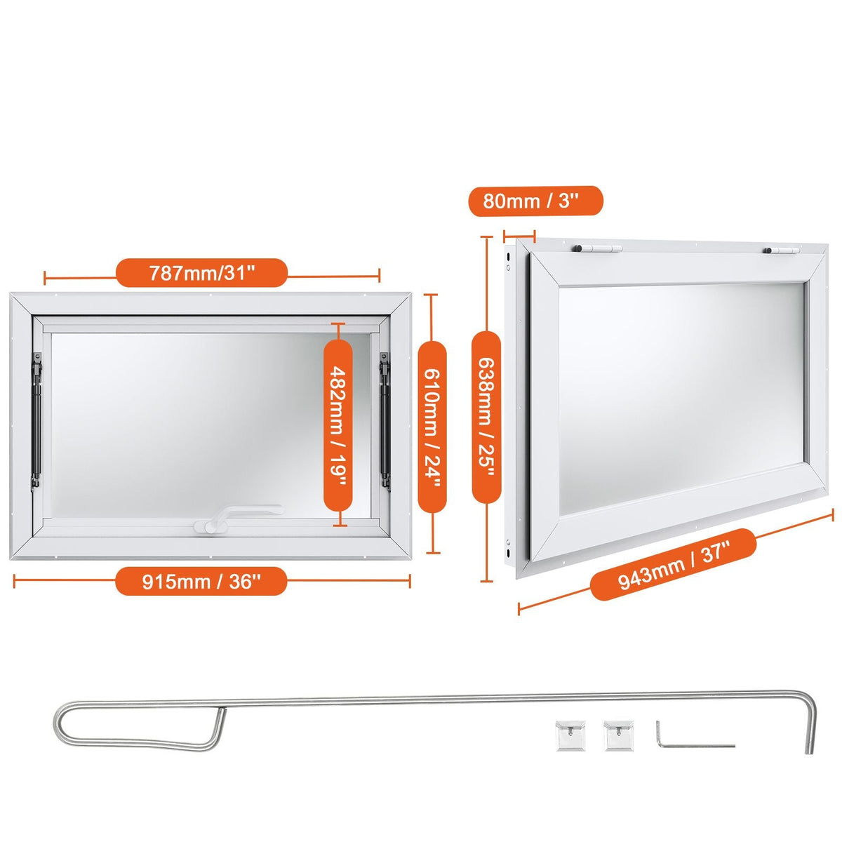 Concession Window 36"x24", Aluminum Alloy Food Truck Service Window with Awning Door & Drag Hook, Up to 85 Degrees Stand Serving Window for Food Trucks Concession Trailers, Glass Not Included
