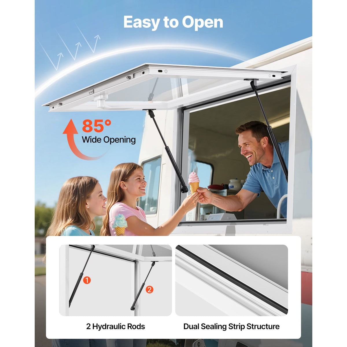 Concession Window 36x24 in, Aluminum Alloy Frame Service Window for Food Truck, Up to 85 Degrees Stand Serving Window with Awning Door and Drag Hook, Rainwater Resistant for Concession Trailers
