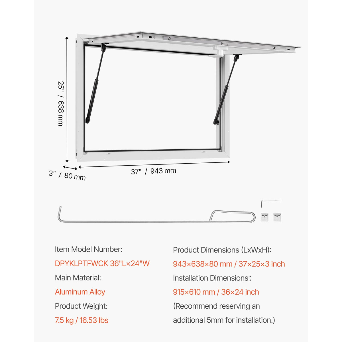 Concession Window 36x24 in, Aluminum Alloy Frame Service Window for Food Truck, Up to 85 Degrees Stand Serving Window with Awning Door and Drag Hook, Rainwater Resistant for Concession Trailers