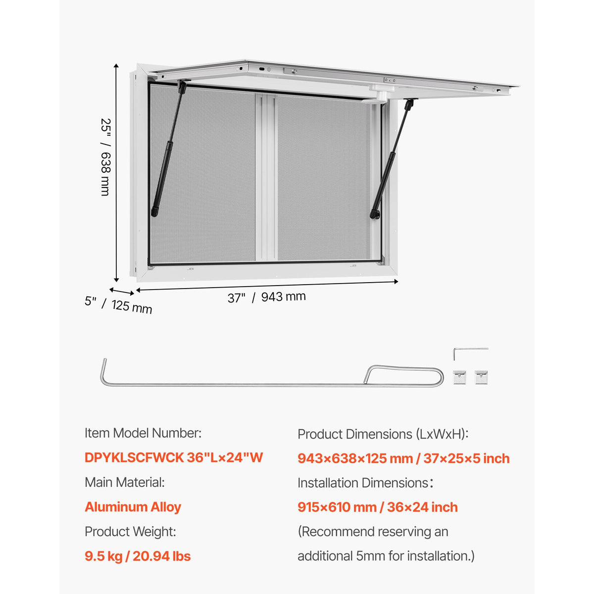 Concession Window 36x24 in, Aluminum Alloy Service Window for Food Truck, Up to 85 Degrees Stand Serving Window with 2 Sliding Windows, Awning Door, and Drag Hook, for Concession Trailers