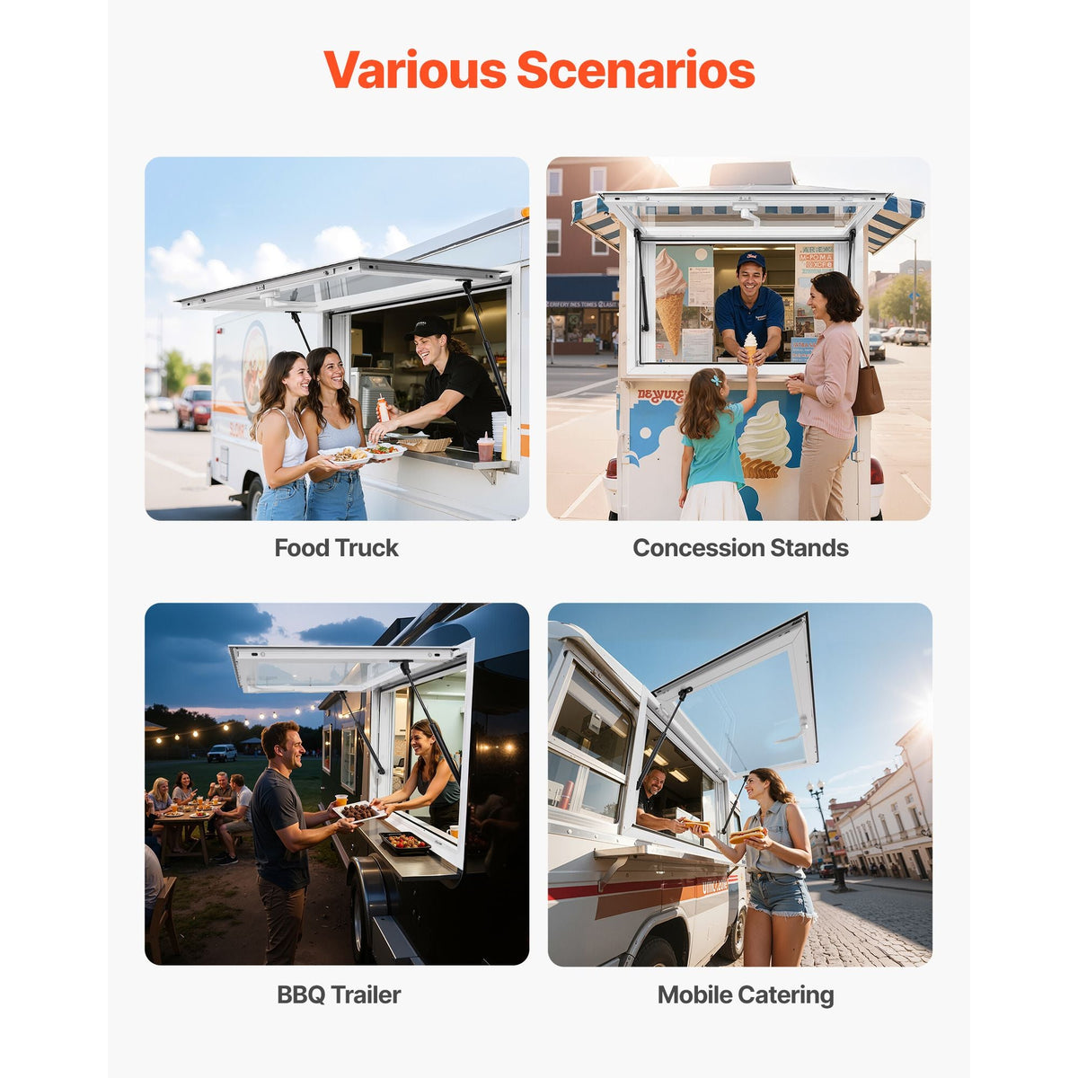Concession Window 36x24 in, Aluminum Alloy Service Window for Food Truck, Up to 85 Degrees Stand Serving Window with 2 Sliding Windows, Awning Door, and Drag Hook, for Concession Trailers