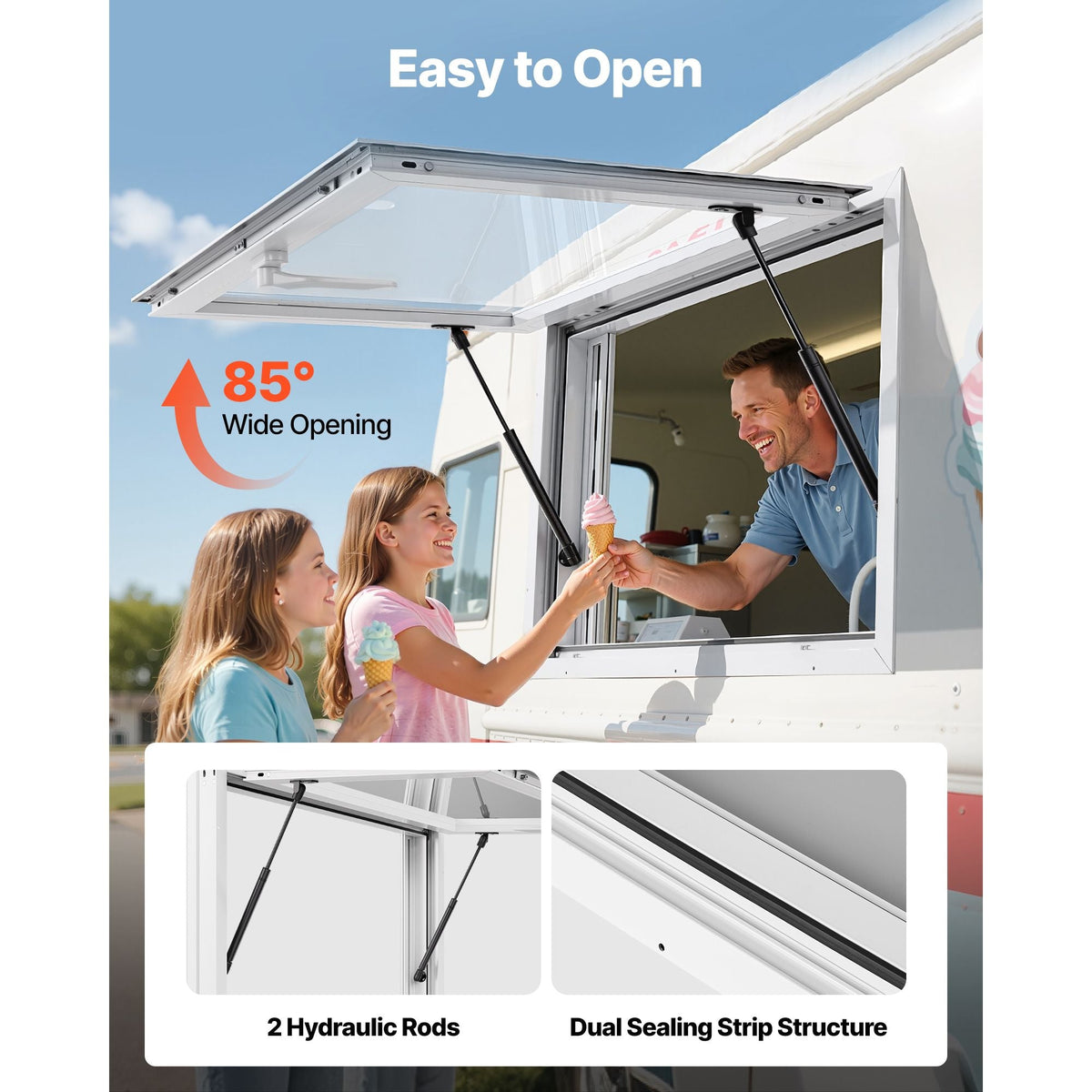 Concession Window 36x24 in, Aluminum Alloy Service Window for Food Truck, Up to 85 Degrees Stand Serving Window with 2 Sliding Windows, Awning Door, and Drag Hook, for Concession Trailers