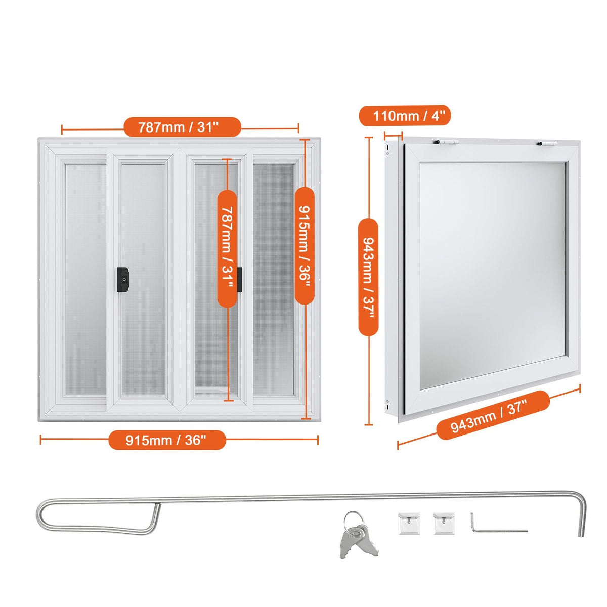 Concession Window 36"x36", Aluminum Alloy Food Truck Service Window with 4 Horizontal Sliding Windows & Awning Door & Drag Hook, Up to 85 Degrees Serving Window for Food Truck Concession Trailer