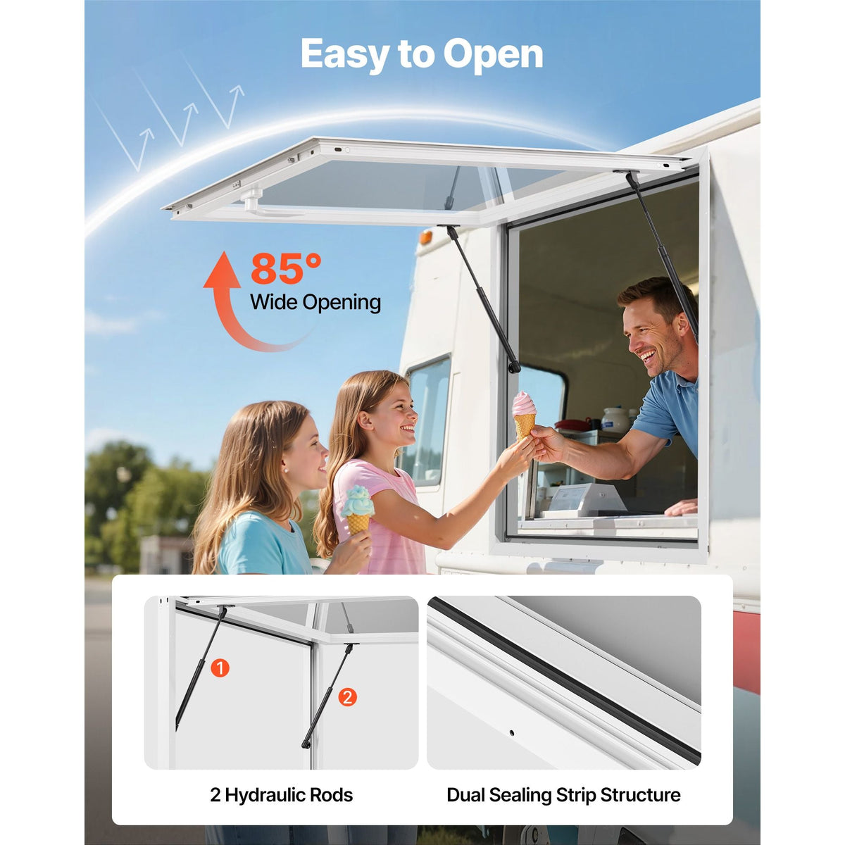Concession Window 36x36 in, Aluminum Alloy Frame Service Window for Food Truck, Up to 85 Degrees Stand Serving Window with Awning Door and Drag Hook, Rainwater Resistant for Concession Trailers