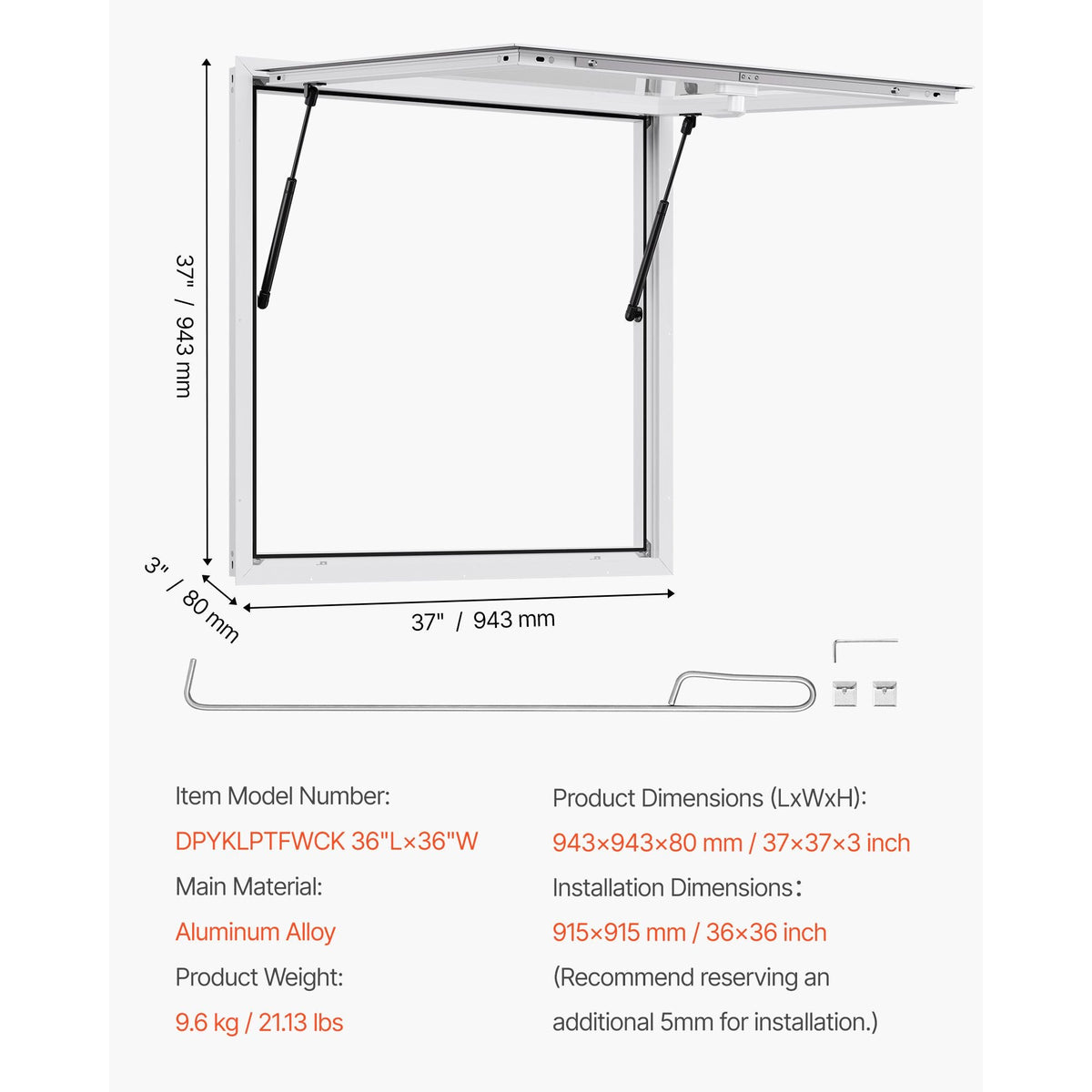 Concession Window 36x36 in, Aluminum Alloy Frame Service Window for Food Truck, Up to 85 Degrees Stand Serving Window with Awning Door and Drag Hook, Rainwater Resistant for Concession Trailers