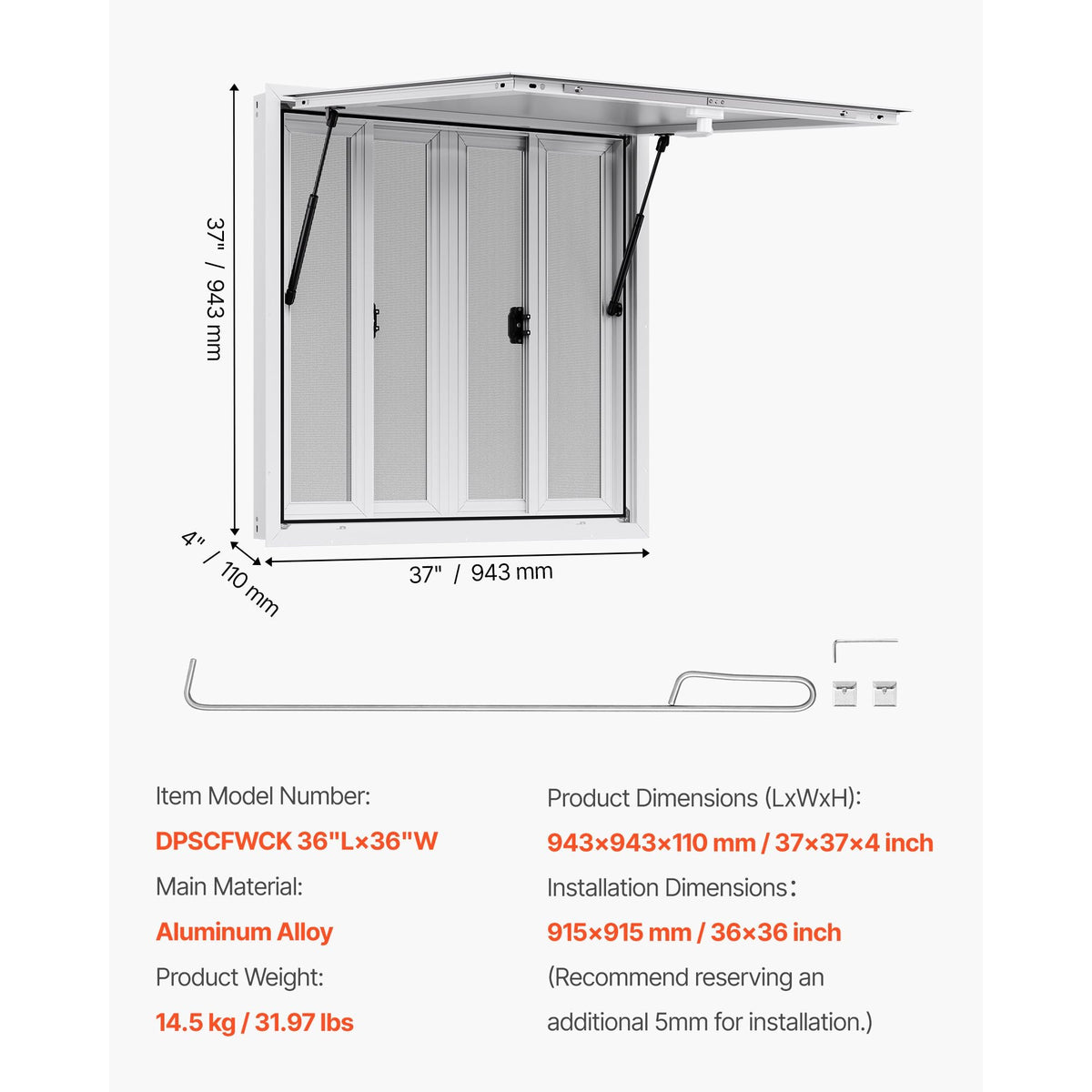 Concession Window 36x36 in, Aluminum Alloy Service Window for Food Truck, Up to 85 Degrees Stand Serving Window with 4 Sliding Windows, Awning Door, and Drag Hook, for Concession Trailers