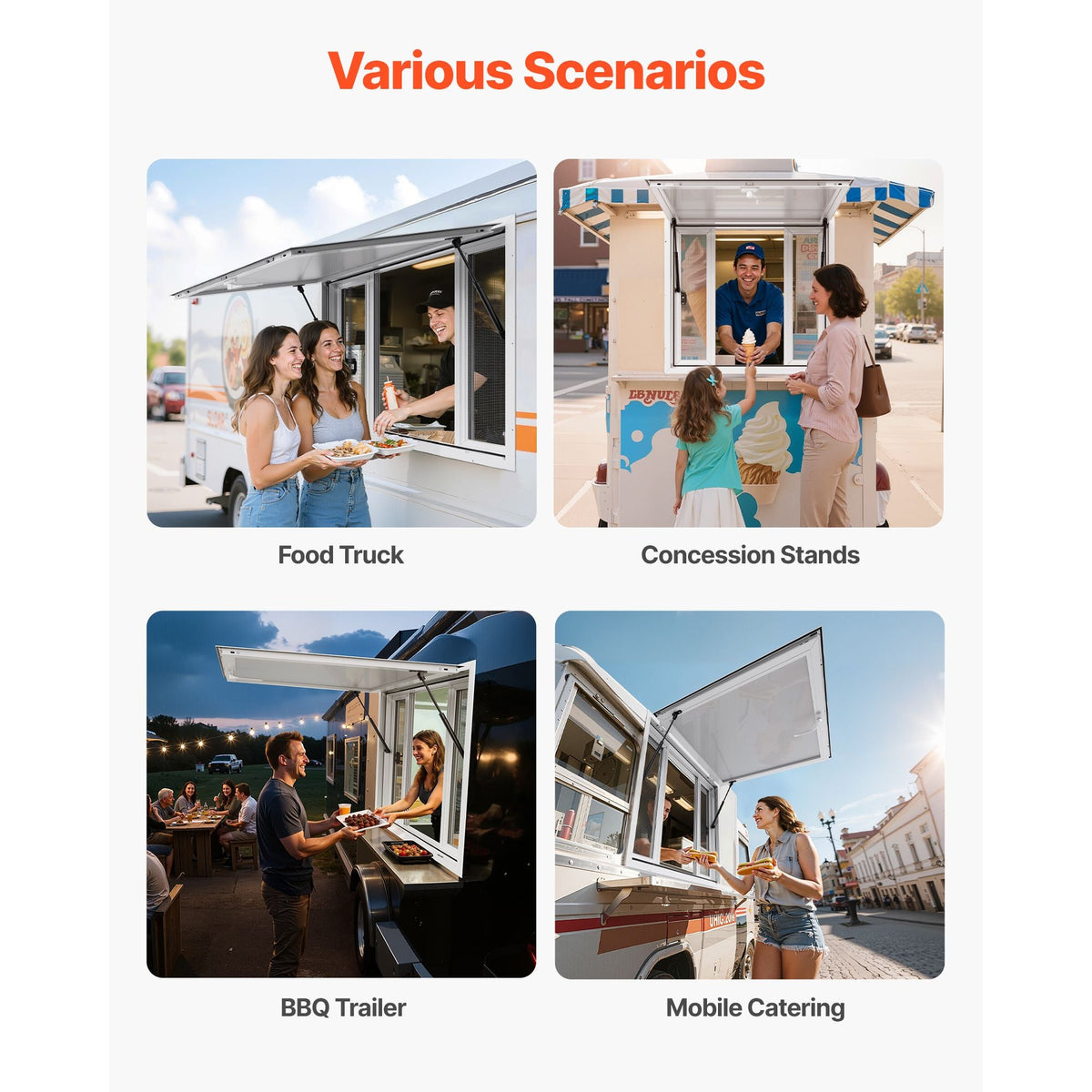 Concession Window 36x36 in, Aluminum Alloy Service Window for Food Truck, Up to 85 Degrees Stand Serving Window with 4 Sliding Windows, Awning Door, and Drag Hook, for Concession Trailers