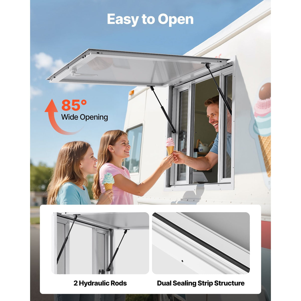 Concession Window 36x36 in, Aluminum Alloy Service Window for Food Truck, Up to 85 Degrees Stand Serving Window with 4 Sliding Windows, Awning Door, and Drag Hook, for Concession Trailers