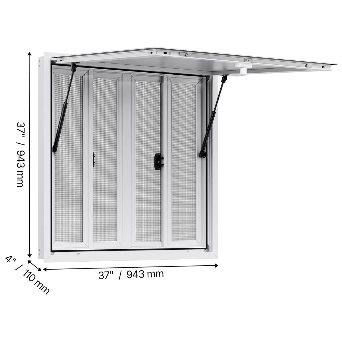 Concession Window 36x36 in, Aluminum Alloy Service Window for Food Truck, Up to 85 Degrees Stand Serving Window with 4 Sliding Windows, Awning Door, and Drag Hook, for Concession Trailers