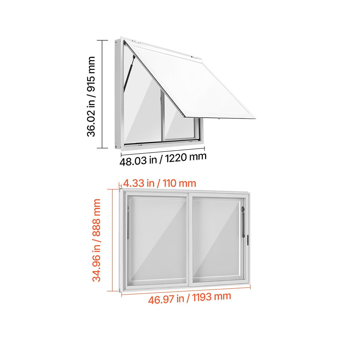 Concession Window 48x36 in Aluminum Alloy Service Window, for Food Truck, Up to 85 Degrees Stand Serving with 2 Sliding Acrylic Windows, Awning Door and Drag Hook, Rainwater Resistant