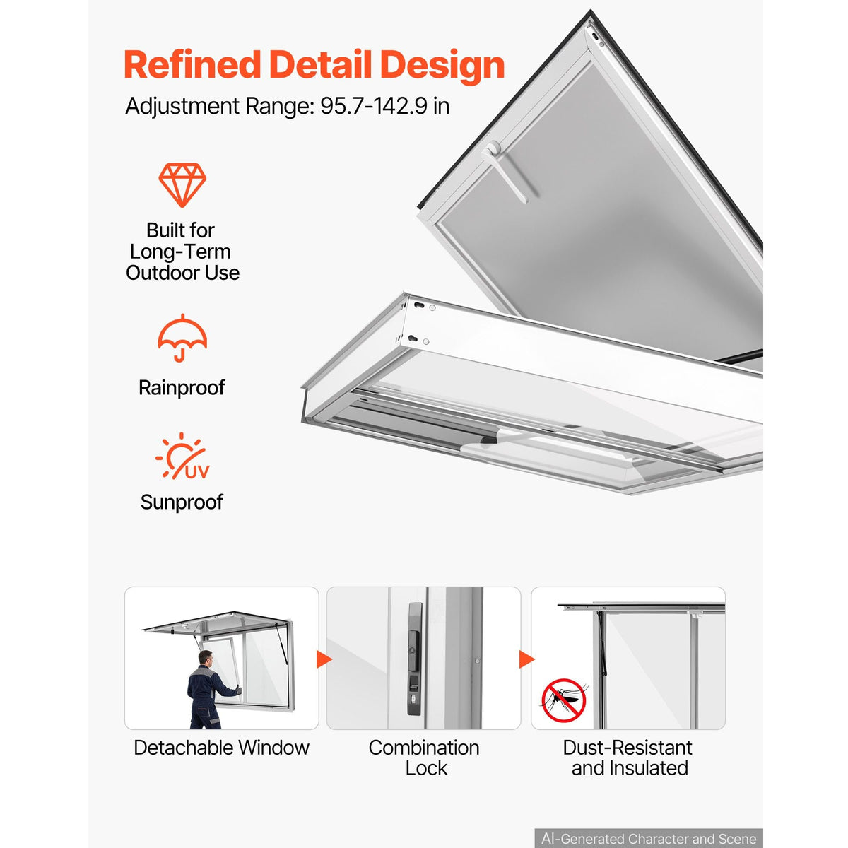 Concession Window 48x36 in Aluminum Alloy Service Window, for Food Truck, Up to 85 Degrees Stand Serving with 2 Sliding Acrylic Windows, Awning Door and Drag Hook, Rainwater Resistant