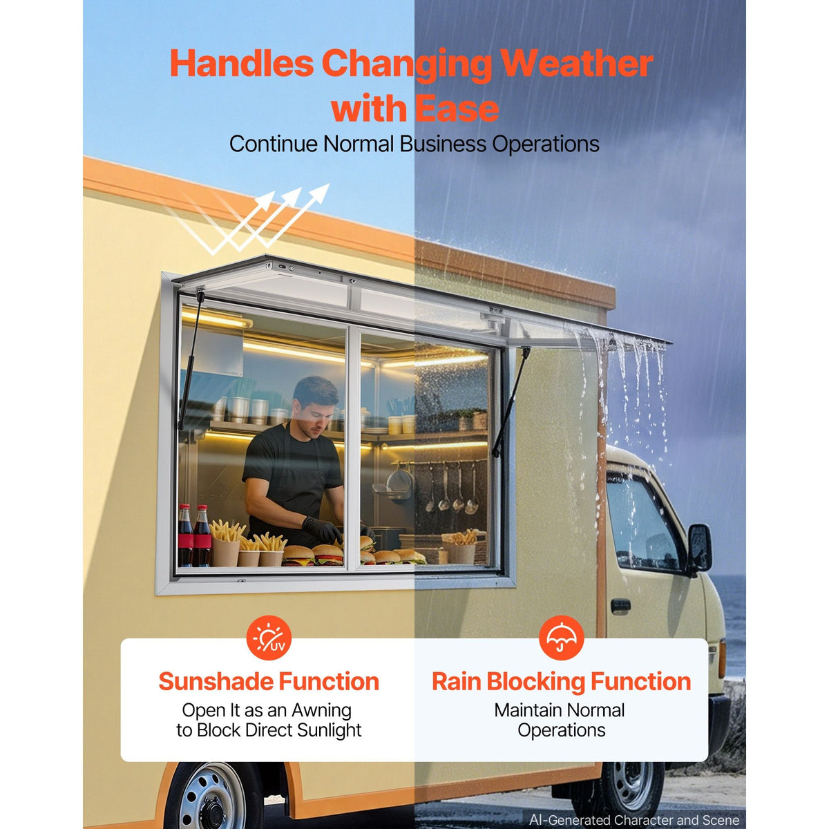 Concession Window 48x36 in Aluminum Alloy Service Window, for Food Truck, Up to 85 Degrees Stand Serving with 2 Sliding Acrylic Windows, Awning Door and Drag Hook, Rainwater Resistant