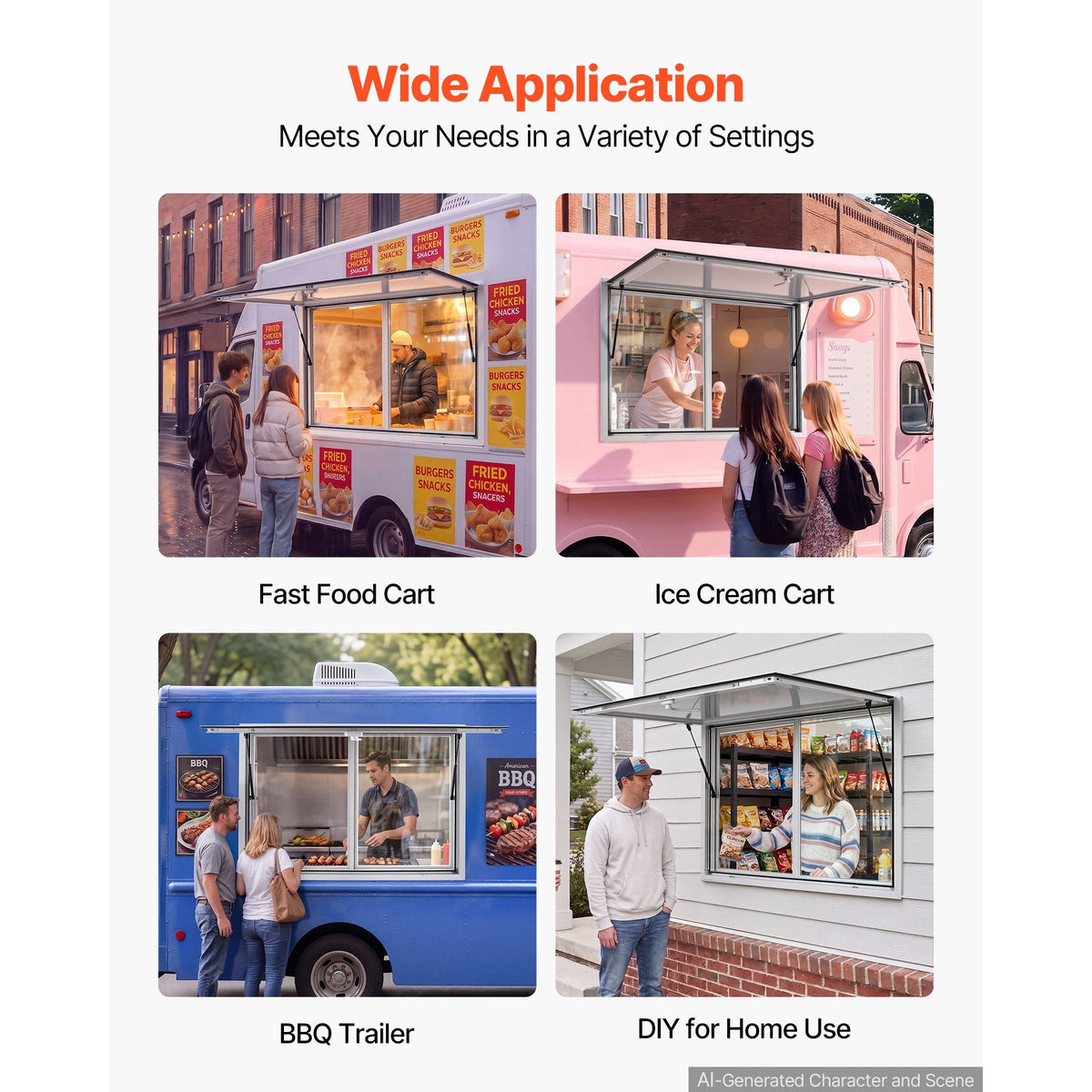 Concession Window 48x36 in Aluminum Alloy Service Window, for Food Truck, Up to 85 Degrees Stand Serving with 2 Sliding Acrylic Windows, Awning Door and Drag Hook, Rainwater Resistant