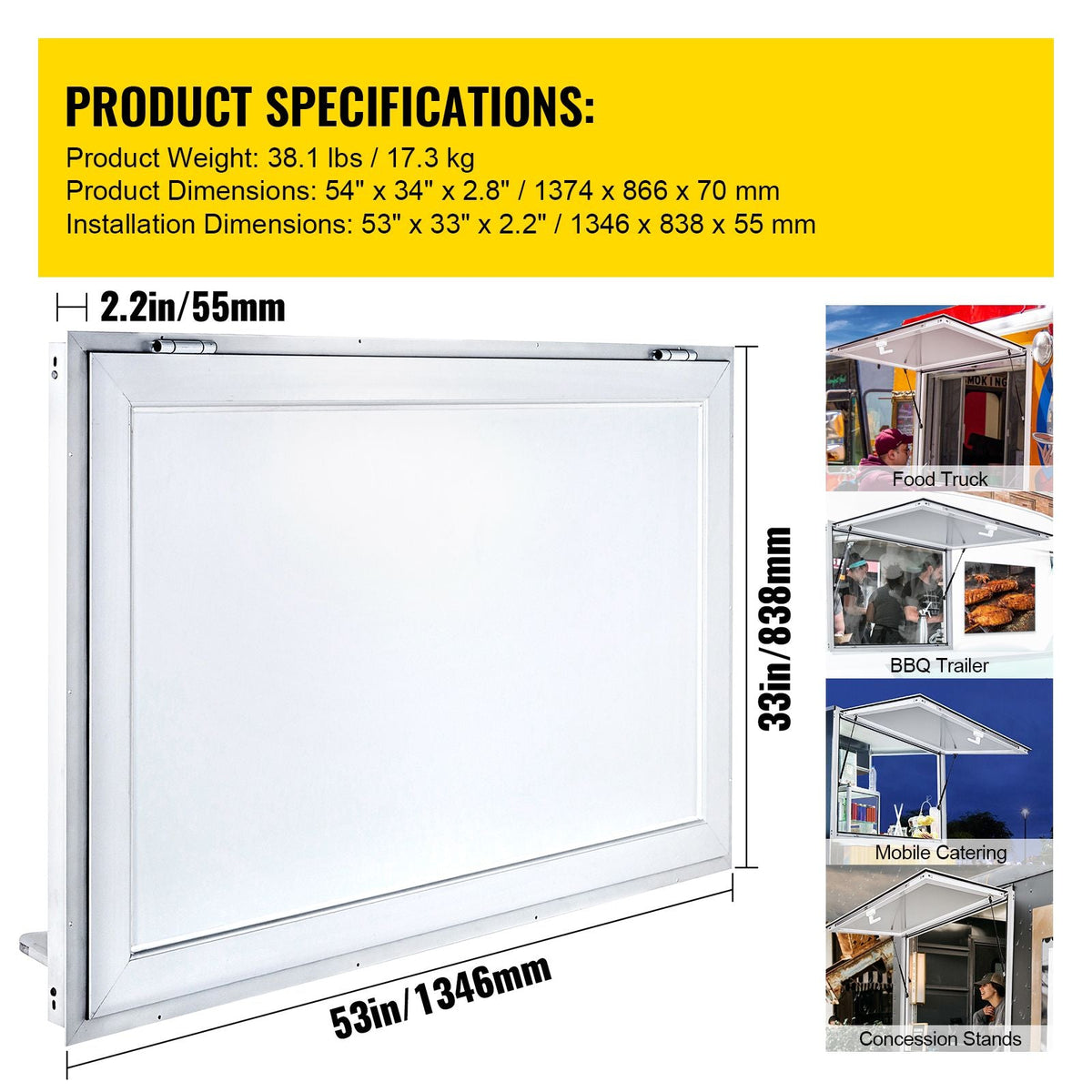 Concession Window 53 x 33 Inch, Concession Stand Serving Window Door with Double-Point Fork Lock, Concession Awning Door Up to 85 degrees for Food Trucks, Glass Not Included