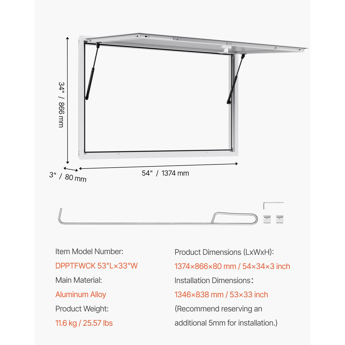 Concession Window 53x33 in, Aluminum Alloy Frame Service Window for Food Truck, Up to 85 Degrees Stand Serving Window with Awning Door and Drag Hook, Rainwater Resistant for Concession Trailers