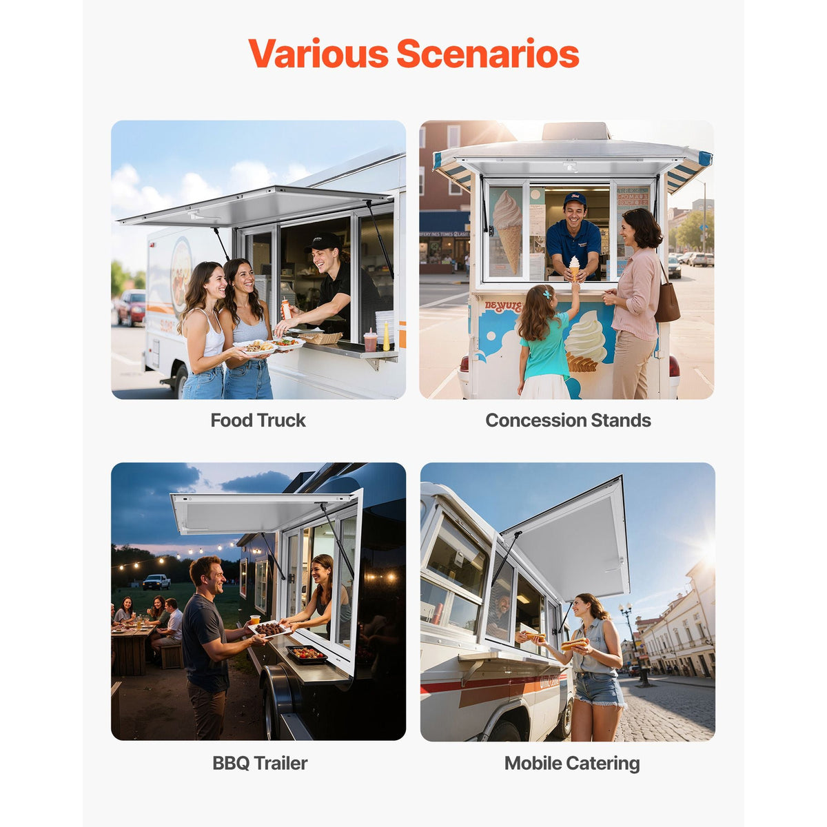 Concession Window 53x33 in, Aluminum Alloy Service Window for Food Truck, Up to 85 Degrees Stand Serving Window with 4 Sliding Windows, Awning Door, and Drag Hook, for Concession Trailers
